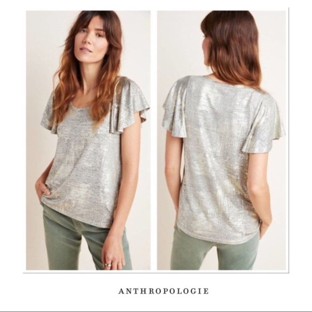 Metallic Anthropologie flutter sleeve top